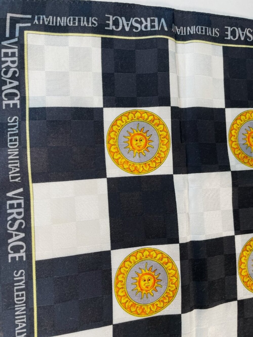 Versace Vintage Checkerboard Sun Print Scarf Black White Gold - Picture 12 of 13